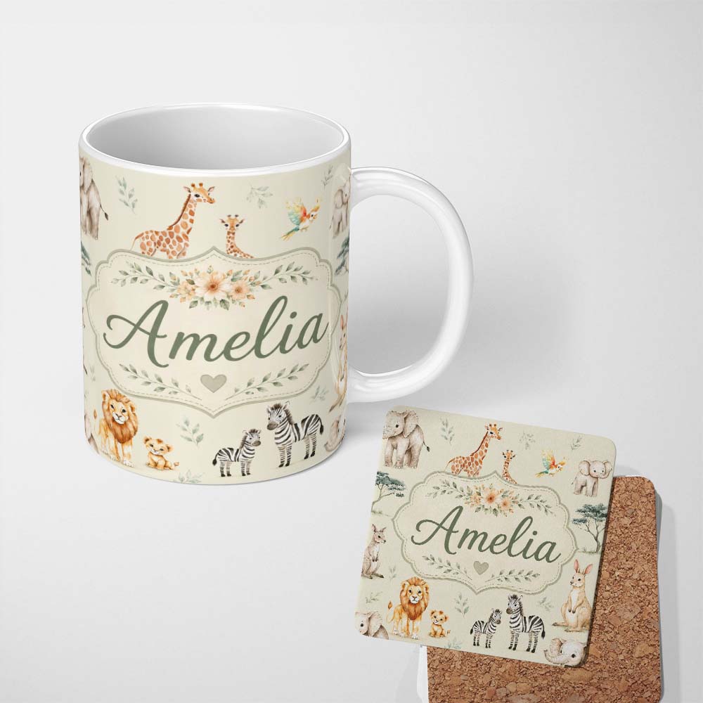 Personalized Custom Name Cute Safari Animals Lion Giraffe Zebra Elephant Pattern Beige Lovely 11oz Ceramic Coffee Tea Mug White Large Handle
