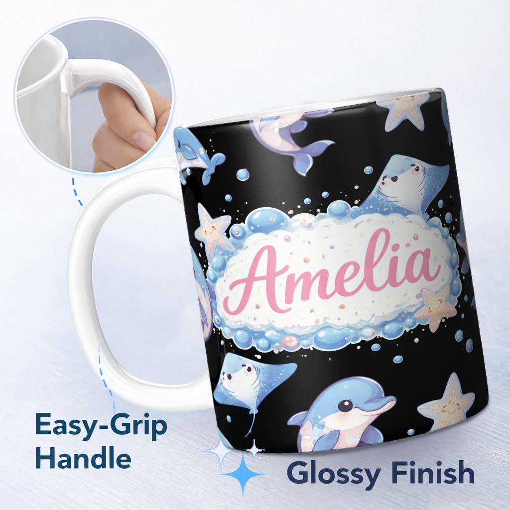 Personalized Custom Name Cute Dolphin Stingray Starfish Cartoon Sea Life Pattern Black Lovely 11oz Ceramic Coffee Tea Mug White Large Handle