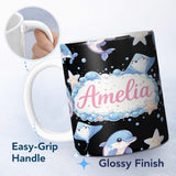 Personalized Custom Name Cute Dolphin Stingray Starfish Cartoon Sea Life Pattern Black Lovely 11oz Ceramic Coffee Tea Mug White Large Handle