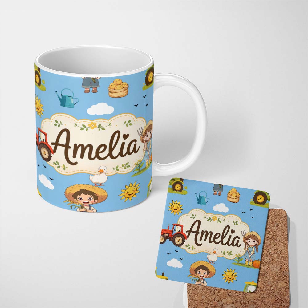 Personalized Custom Name Cute Farm Scene Tractor Duck Farmer Child Clouds Blue Background 11oz Ceramic Coffee Tea Mug White Large Handle