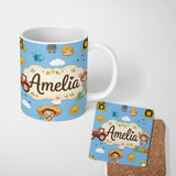 Personalized Custom Name Cute Farm Scene Tractor Duck Farmer Child Clouds Blue Background 11oz Ceramic Coffee Tea Mug White Large Handle