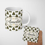 Personalized Custom Name Minimal Christmas Trees Gold Garland White Background Seamless 11oz Ceramic Coffee Tea Mug White Large Handle