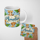 Personalized Custom Name Cute Jungle Animals Lion Tiger Leopard Tropical Leaves Mint Green 11oz Ceramic Coffee Tea Mug White Large Handle