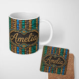 Personalized Custom Name Teal Brown Blue Vertical Cube Abstract Seamless Pattern Lovely 11oz Ceramic Coffee Tea Mug White Large Handle
