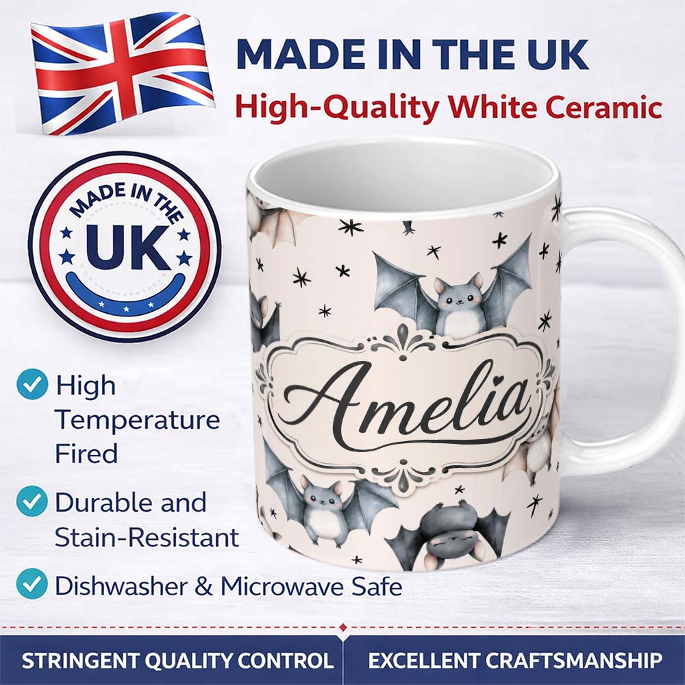 Personalized Custom Name Cute Watercolor Bats and Stars Seamless Pattern Warm Cream Lovely 11oz Ceramic Coffee Tea Mug White Large Handle