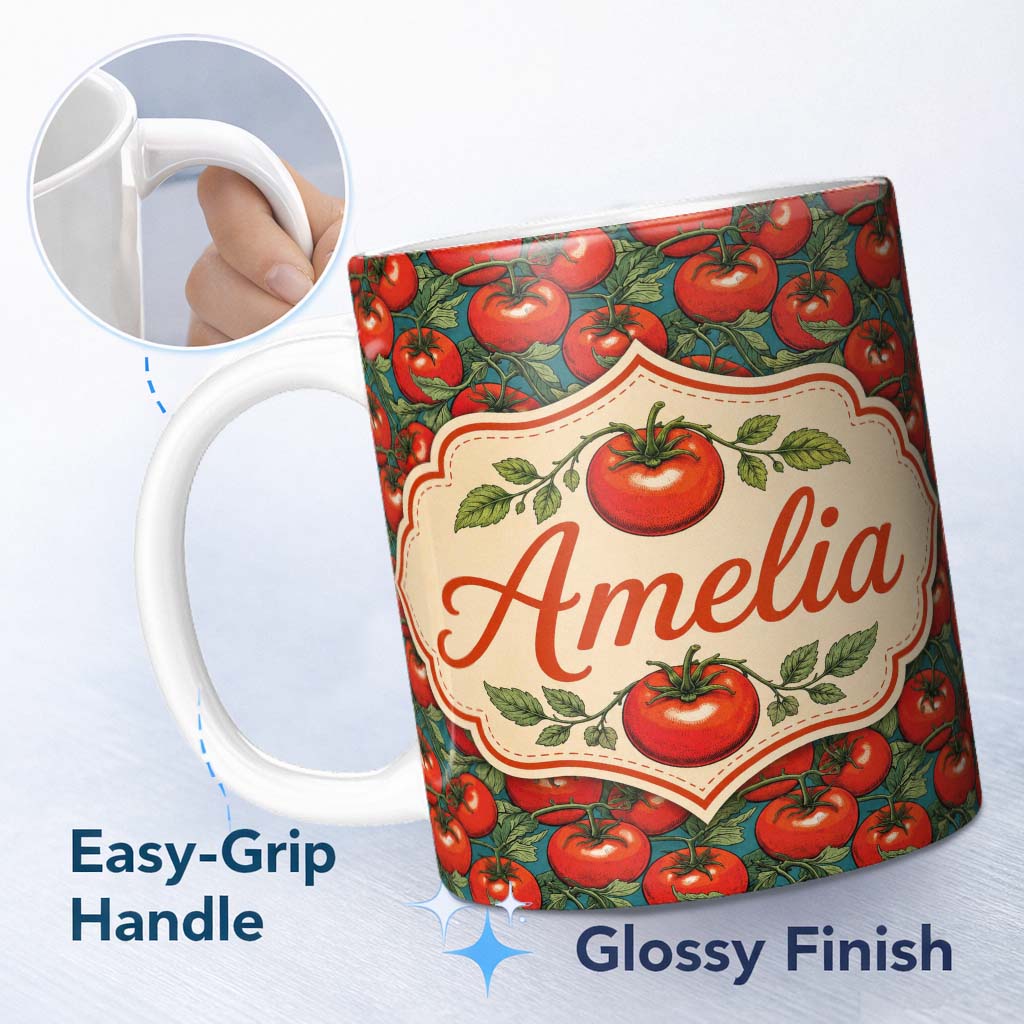 Personalized Custom Name Vibrant Red Tomato Vine Pattern on Teal Background Seamless Lovely 11oz Ceramic Coffee Tea Mug White Large Handle