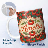 Personalized Custom Name Vibrant Red Tomato Vine Pattern on Teal Background Seamless Lovely 11oz Ceramic Coffee Tea Mug White Large Handle