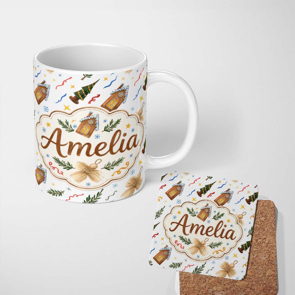 Personalized Custom Name Watercolor Rustic Christmas House Tree Angel Ornament Seamless 11oz Ceramic Coffee Tea Mug White Large Handle