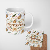 Personalized Custom Name Watercolor Rustic Christmas House Tree Angel Ornament Seamless 11oz Ceramic Coffee Tea Mug White Large Handle