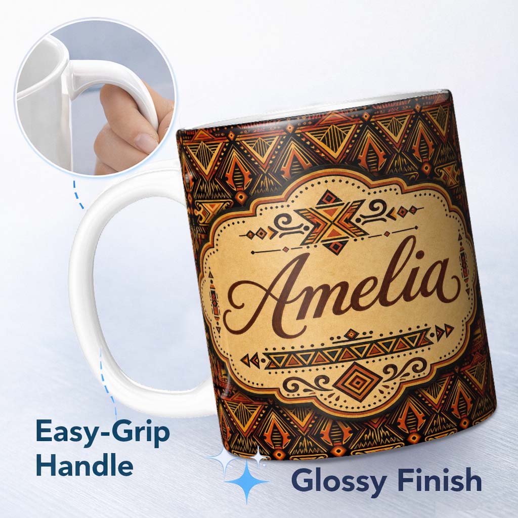 Personalized Custom Name Bold Ethnic Geometric Pattern with Repeating Tribal Motifs in Black 11oz Ceramic Coffee Tea Mug White Large Handle
