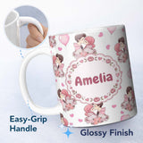 Personalized Custom Name Romantic Couple Kissing Floral Bouquet Hearts Pattern Light Grey 11oz Ceramic Coffee Tea Mug White Large Handle