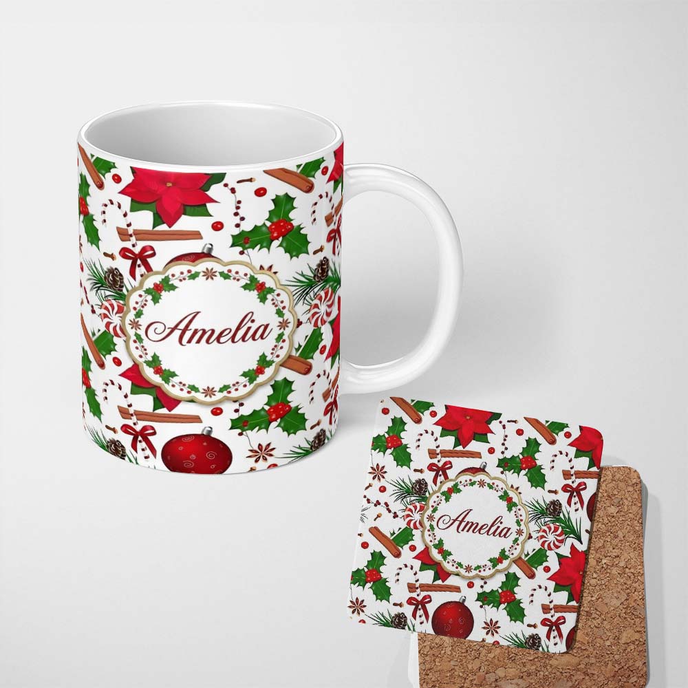 Personalized Custom Name Christmas Poinsettia Candy Cane Holly Berry Ornament Seamless Lovely 11oz Ceramic Coffee Tea Mug White Large Handle
