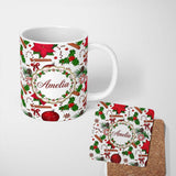 Personalized Custom Name Christmas Poinsettia Candy Cane Holly Berry Ornament Seamless Lovely 11oz Ceramic Coffee Tea Mug White Large Handle