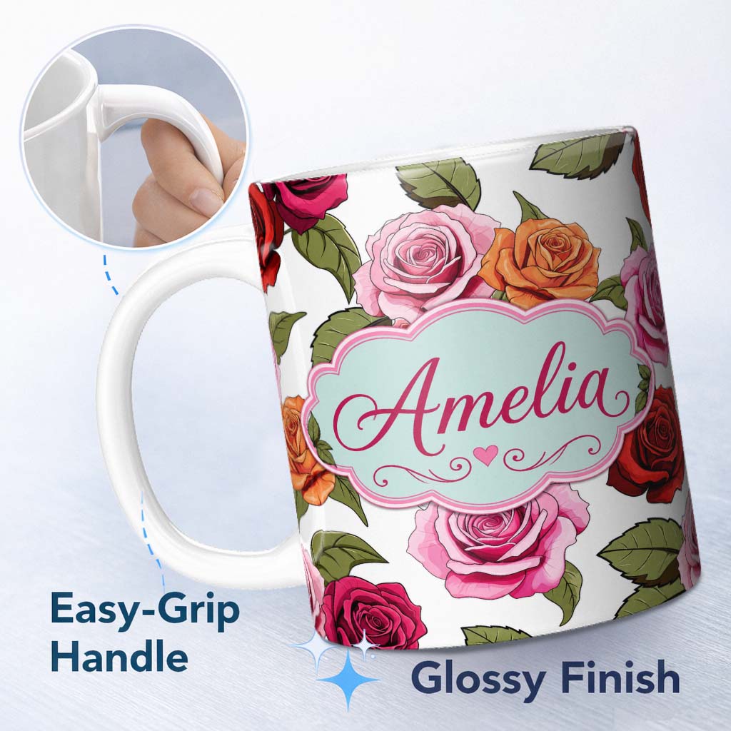 Personalized Custom Name Colorful Roses on Light Grey Background Seamless Floral Pattern 11oz Ceramic Coffee Tea Mug White Large Handle