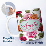 Personalized Custom Name Colorful Roses on Light Grey Background Seamless Floral Pattern 11oz Ceramic Coffee Tea Mug White Large Handle