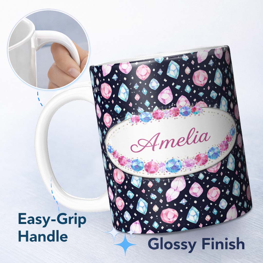 Personalized Custom Name Navy Blue Cosmic Crystal Gemstone Seamless Pattern Cute Unique Gift 11oz Ceramic Coffee Tea Mug White Large Handle