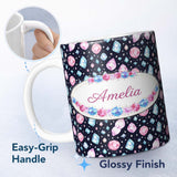 Personalized Custom Name Navy Blue Cosmic Crystal Gemstone Seamless Pattern Cute Unique Gift 11oz Ceramic Coffee Tea Mug White Large Handle