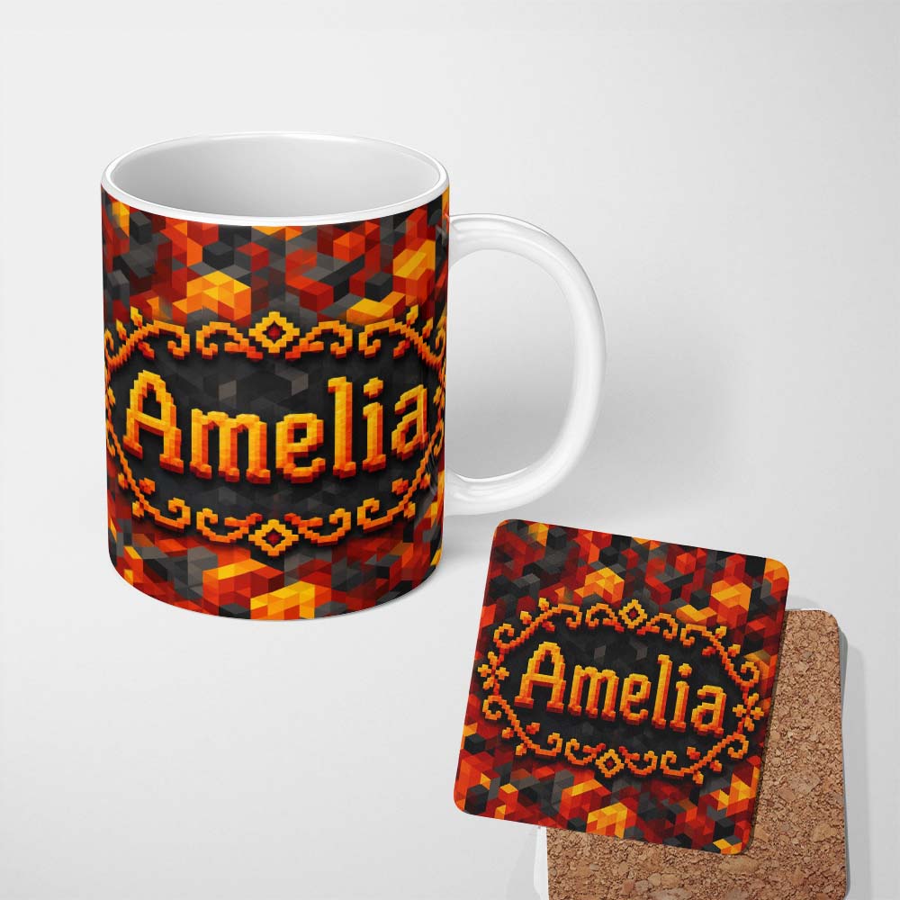 Personalized Custom Name Red Yellow Geometric Cube Abstract Seamless Pattern Cute Unique Gift 11oz Ceramic Coffee Tea Mug White Large Handle