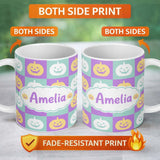 Personalized Custom Name Pastel Pumpkin Faces on Mint and Lavender Background Seamless Lovely 11oz Ceramic Coffee Tea Mug White Large Handle