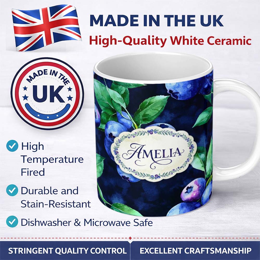 Personalized Custom Name Watercolor Blueberry Fruit Leaves Dark Background Seamless Pattern 11oz Ceramic Coffee Tea Mug White Large Handle