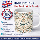 Personalized Custom Name Soft Pastel Aztec Geometric Watercolor Seamless Pattern Lovely 11oz Ceramic Coffee Tea Mug White Large Handle