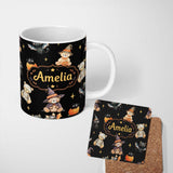 Personalized Custom Name Cute Halloween Teddy Bears Mummy Witch Cat Pumpkin Stars Black 11oz Ceramic Coffee Tea Mug White Large Handle
