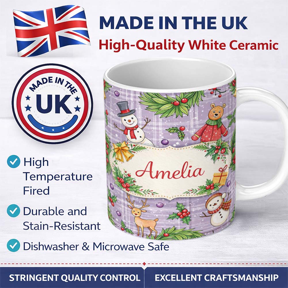 Personalized Custom Name Winter Holiday Snowman Reindeer Cute Seamless Pattern Lovely 11oz Ceramic Coffee Tea Mug White Large Handle
