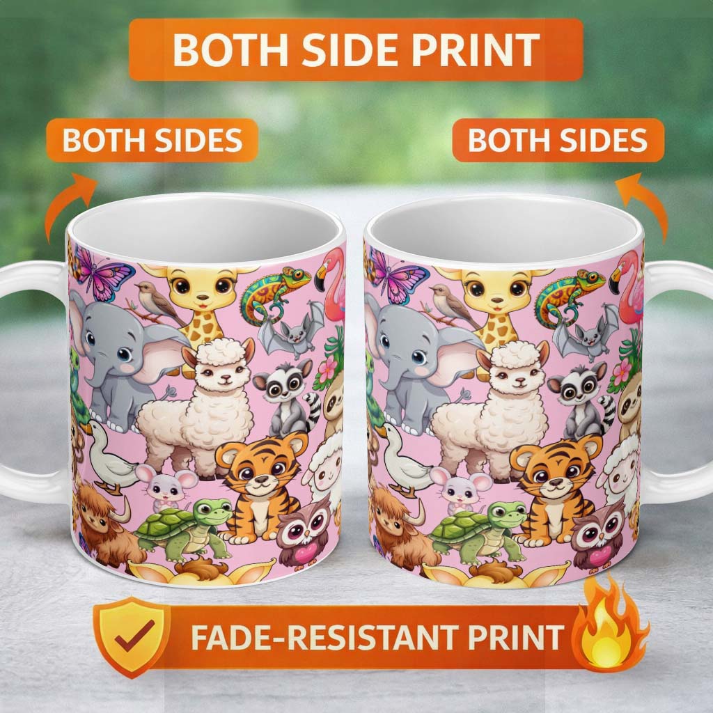 Personalized Custom Name Cute Cartoon Jungle Safari Animals Seamless Pattern on Light Pink 11oz Ceramic Coffee Tea Mug White Large Handle
