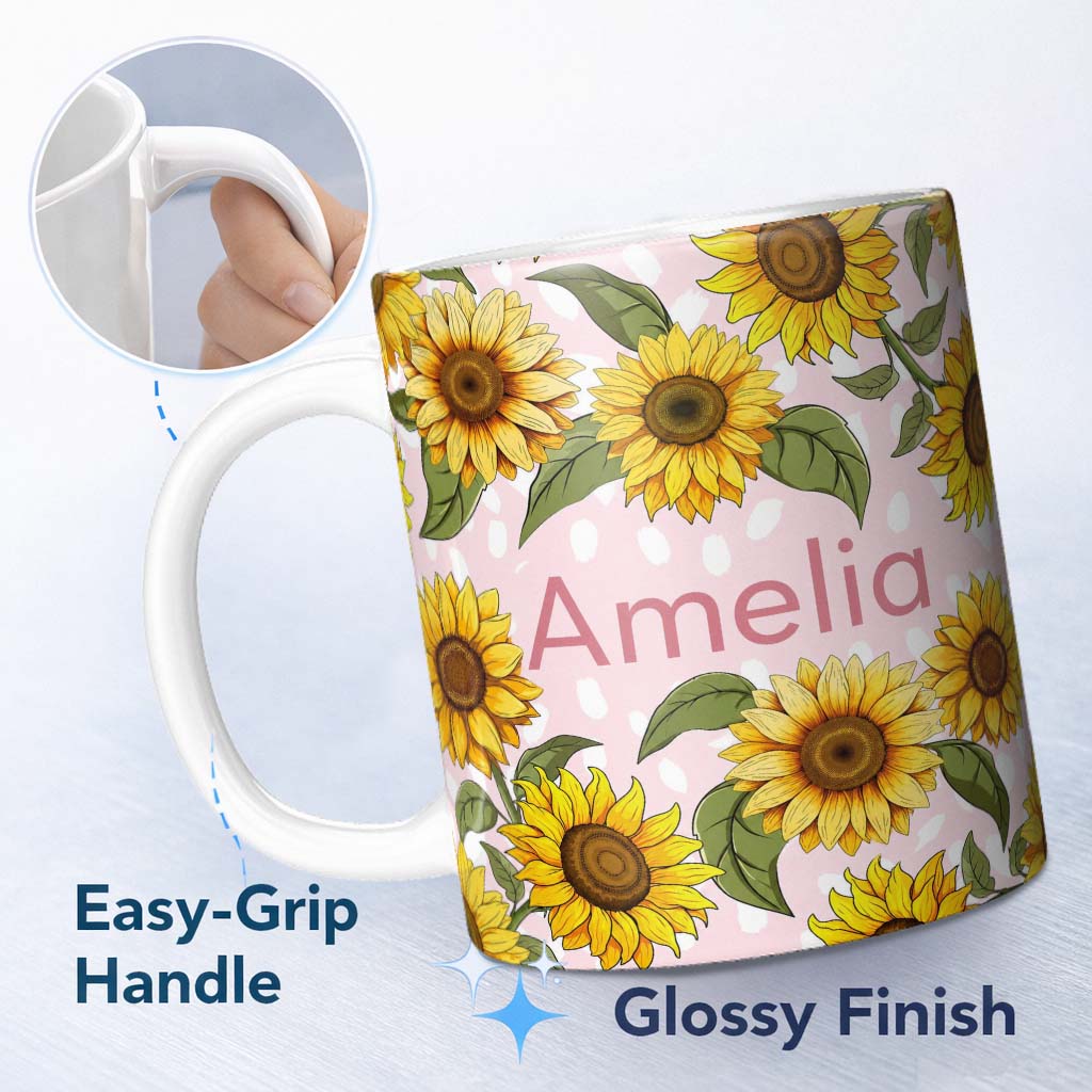 Personalized Custom Name Bright Yellow Sunflower Pink Abstract Background Seamless Pattern 11oz Ceramic Coffee Tea Mug White Large Handle