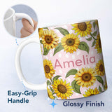 Personalized Custom Name Bright Yellow Sunflower Pink Abstract Background Seamless Pattern 11oz Ceramic Coffee Tea Mug White Large Handle