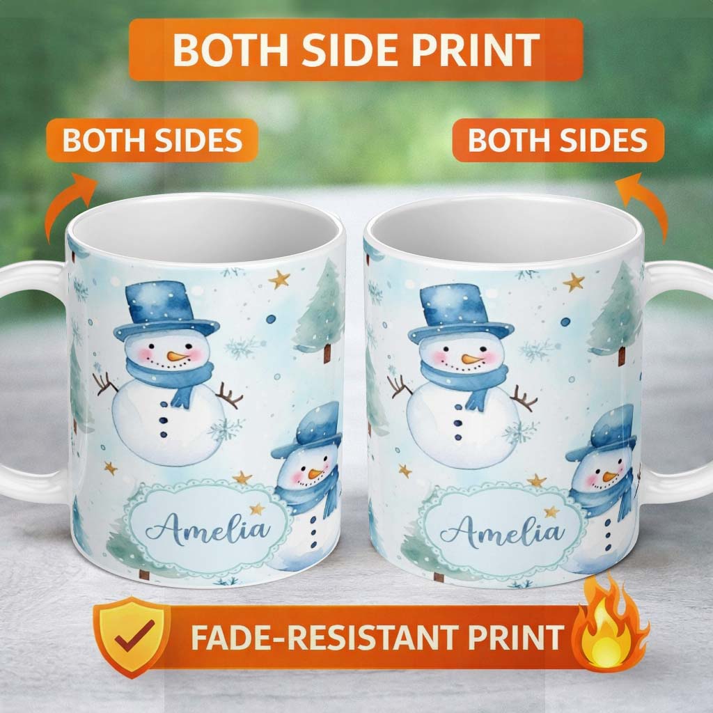 Personalized Custom Name Cute Snowman Winter Snowflake Blue Holiday Seamless Pattern Lovely 11oz Ceramic Coffee Tea Mug White Large Handle