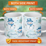 Personalized Custom Name Cute Snowman Winter Snowflake Blue Holiday Seamless Pattern Lovely 11oz Ceramic Coffee Tea Mug White Large Handle
