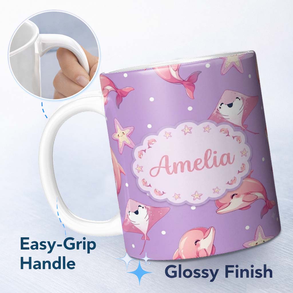 Personalized Custom Name Pink Dolphin Stingray Starfish Ocean Creatures Purple Polka Dot 11oz Ceramic Coffee Tea Mug White Large Handle