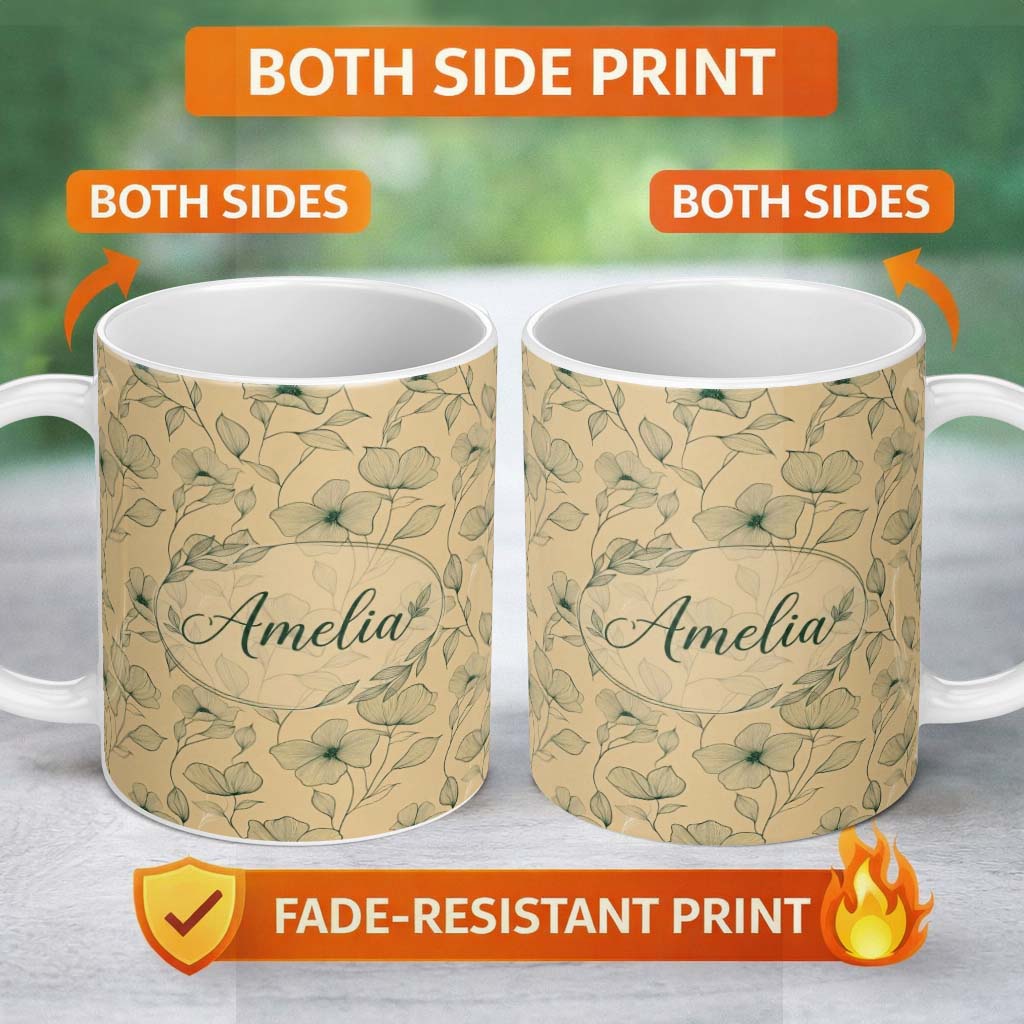 Personalized Custom Name Vintage Beige Floral Botanical Pattern with Fine Line Art Leaves 11oz Ceramic Coffee Tea Mug White Large Handle