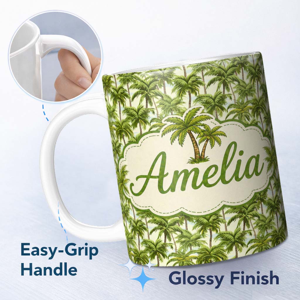 Personalized Custom Name Tropical Palm Tree Summer Beach Seamless Pattern on Cream Background 11oz Ceramic Coffee Tea Mug White Large Handle