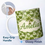 Personalized Custom Name Tropical Palm Tree Summer Beach Seamless Pattern on Cream Background 11oz Ceramic Coffee Tea Mug White Large Handle