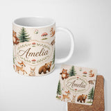 Personalized Custom Name Cute Woodland Forest Animals Bear Bunny Deer on Sage Green Lovely 11oz Ceramic Coffee Tea Mug White Large Handle