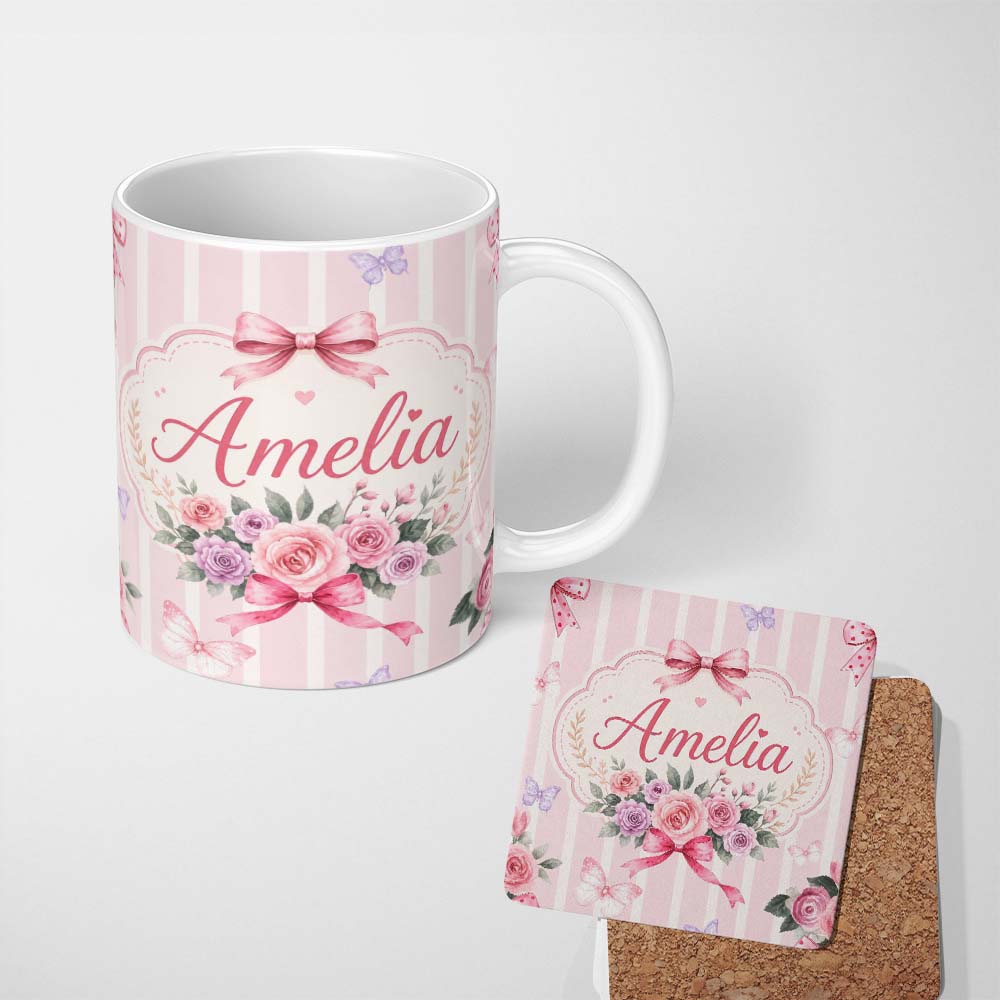 Personalized Custom Name Elegant Watercolor Rose Bouquet Ribbon Butterfly Blush Stripe Lovely 11oz Ceramic Coffee Tea Mug White Large Handle
