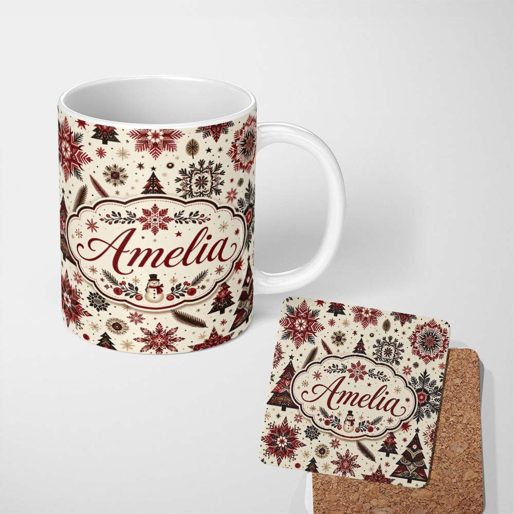 Personalized Custom Name Red Black Snowflakes Christmas Trees Seamless Pattern Festive Lovely 11oz Ceramic Coffee Tea Mug White Large Handle