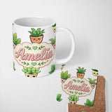 Personalized Custom Name Cute Kawaii Smiling Plant Pots Leaves Seamless Pattern Grey Lovely 11oz Ceramic Coffee Tea Mug White Large Handle