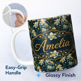 Personalized Custom Name Dark Botanical Orchid Floral with Blue and Gold Tones Black Lovely 11oz Ceramic Coffee Tea Mug White Large Handle