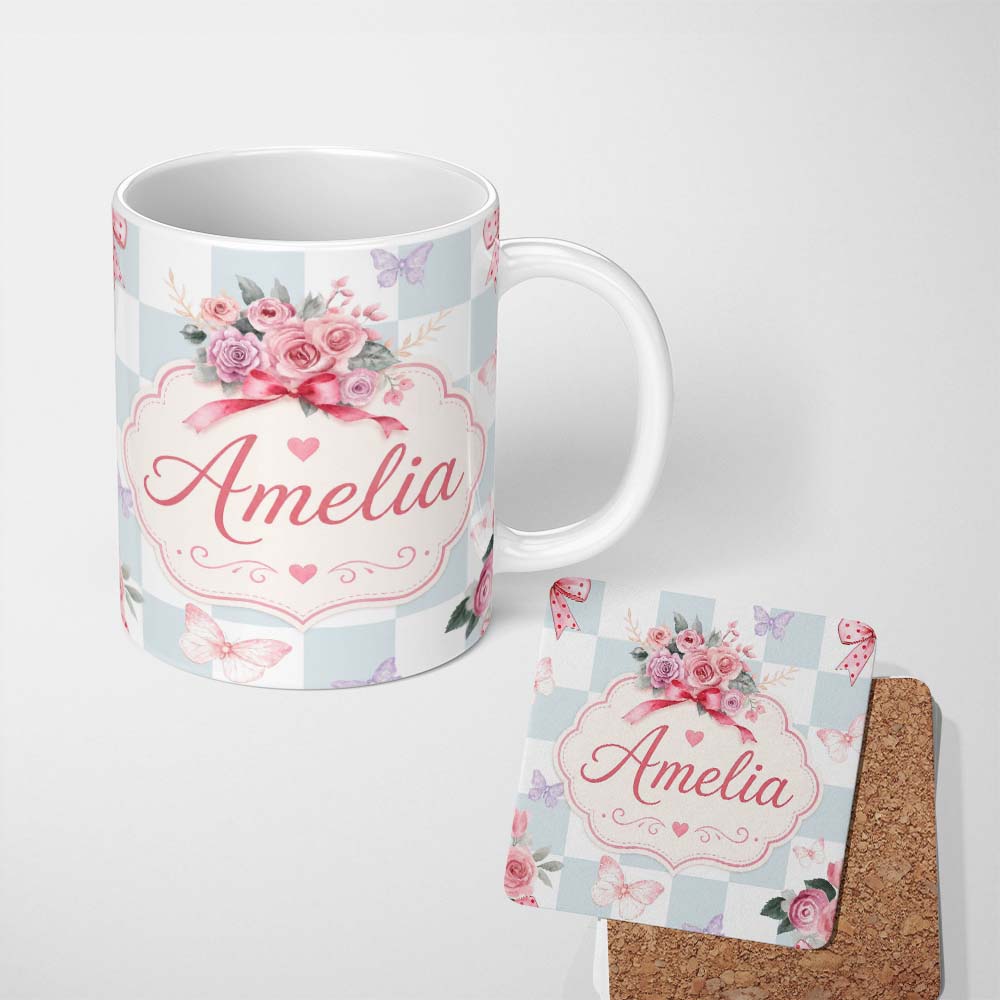 Personalized Custom Name Cute Watercolor Roses Bouquet with Red Ribbon Gingham Blue Lovely 11oz Ceramic Coffee Tea Mug White Large Handle
