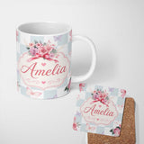 Personalized Custom Name Cute Watercolor Roses Bouquet with Red Ribbon Gingham Blue Lovely 11oz Ceramic Coffee Tea Mug White Large Handle