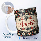 Personalized Custom Name Cute Birds Hearts and Roses on Black Background Romantic Seamless 11oz Ceramic Coffee Tea Mug White Large Handle