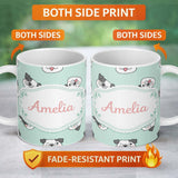 Personalized Custom Name Cute French Bulldog Faces Teal Background Seamless Pattern Lovely 11oz Ceramic Coffee Tea Mug White Large Handle