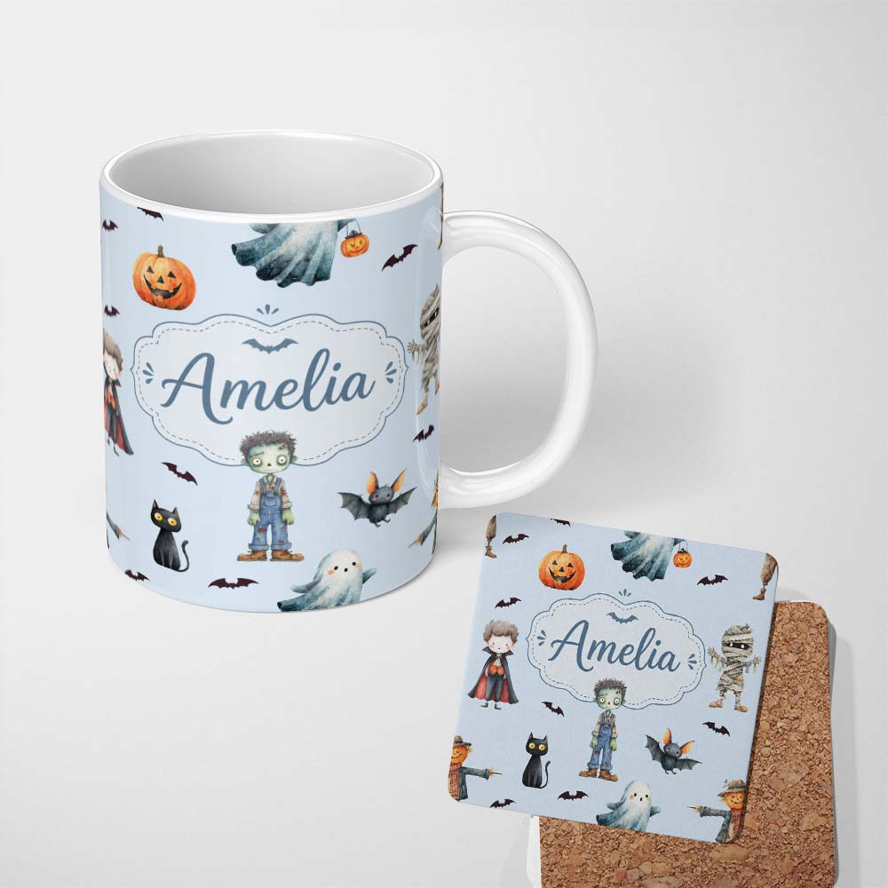 Personalized Custom Name Halloween Zombie Mummy Vampire and Bat Characters Blue Background 11oz Ceramic Coffee Tea Mug White Large Handle