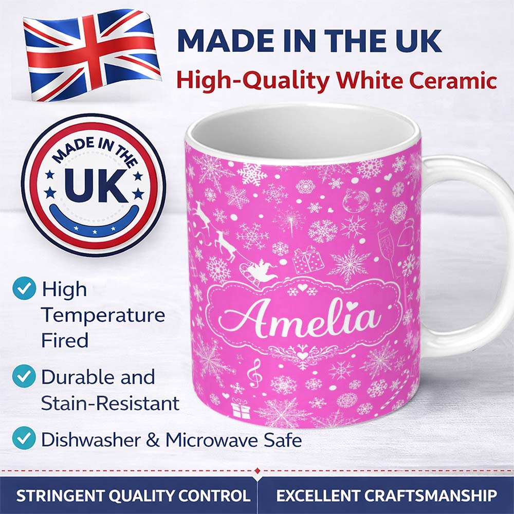 Personalized Custom Name Festive Pink Christmas Snowflakes Reindeer Seamless Pattern Lovely 11oz Ceramic Coffee Tea Mug White Large Handle