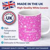 Personalized Custom Name Festive Pink Christmas Snowflakes Reindeer Seamless Pattern Lovely 11oz Ceramic Coffee Tea Mug White Large Handle