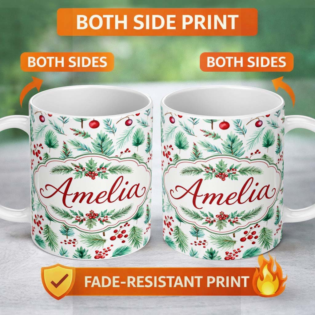 Personalized Custom Name Watercolor Pine Branches Red Berries Christmas Foliage Seamless 11oz Ceramic Coffee Tea Mug White Large Handle