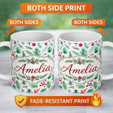 Personalized Custom Name Watercolor Pine Branches Red Berries Christmas Foliage Seamless 11oz Ceramic Coffee Tea Mug White Large Handle